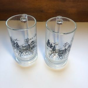 Rare Pair of Cripple Creek Colorado Glass Beer Mugs with Black Etch of Old Town